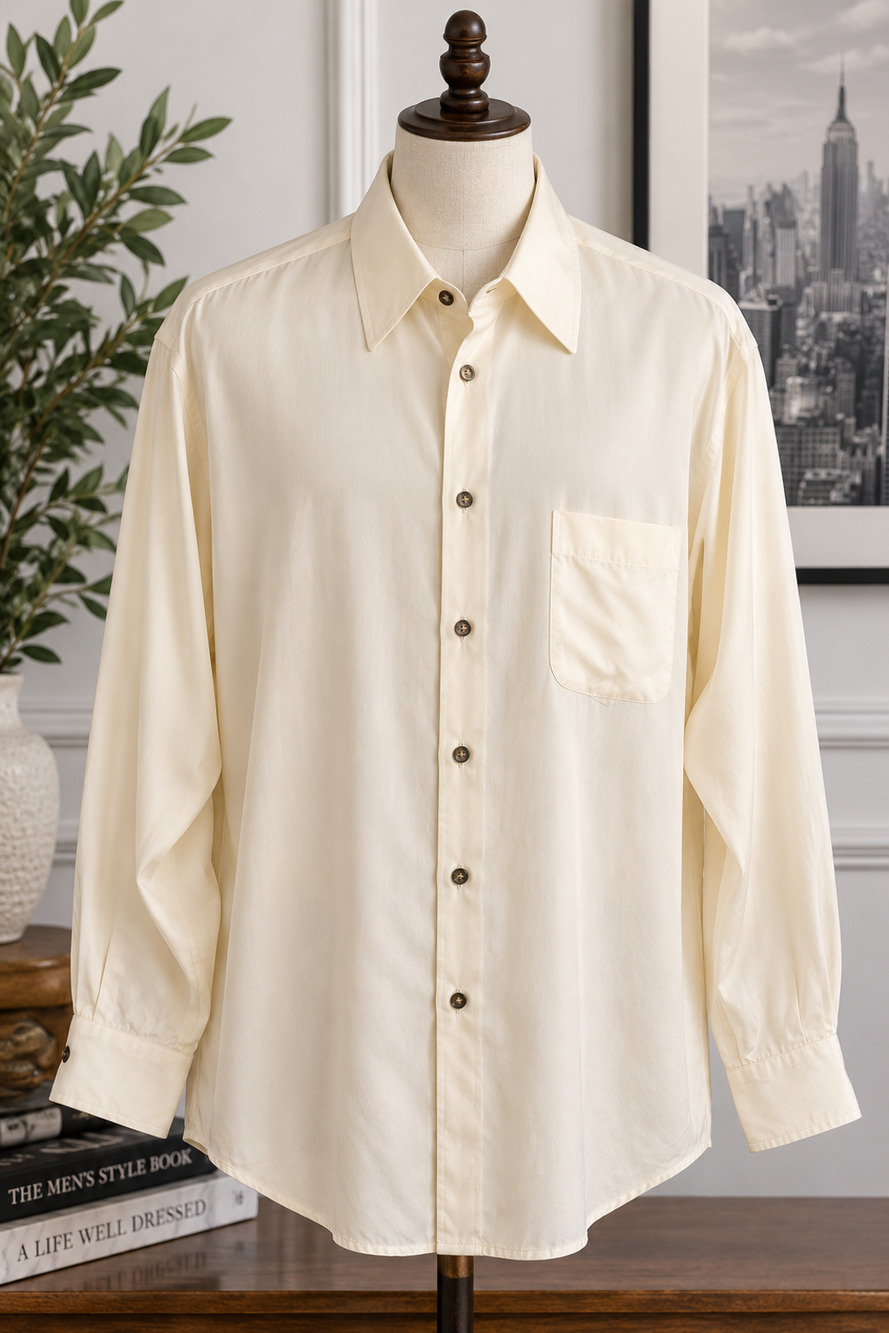 Donna Karan New York Men's 100% Silk Shirt Ivory Long Sleeve Button Front LARGE
